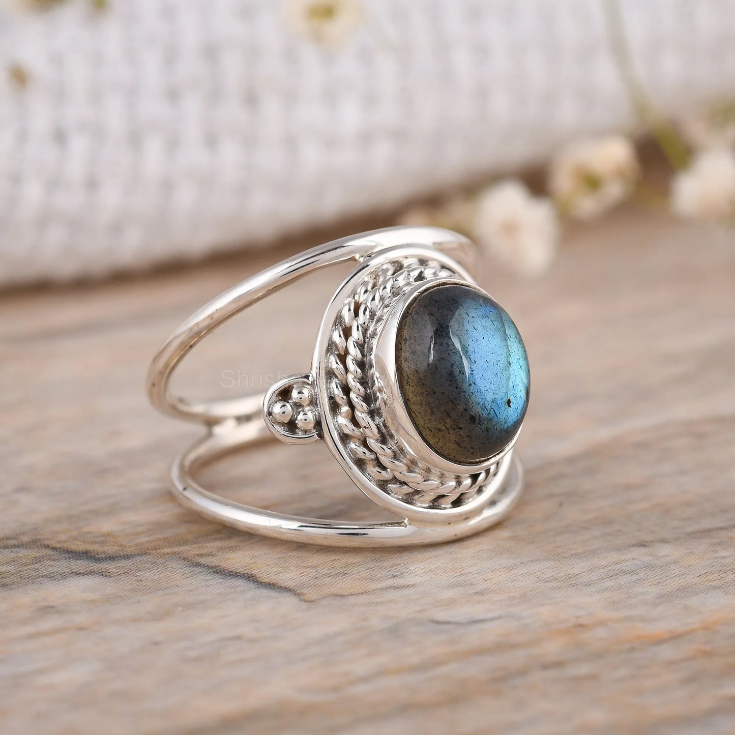 Handmade-Oval-Rose-Quartz-Statement-Ring-Two-Band-925-Sterling-silver-Design