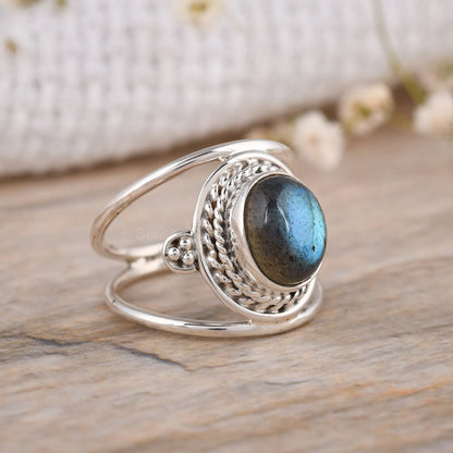 Handmade-Oval-Rose-Quartz-Statement-Ring-Two-Band-925-Sterling-silver-Design