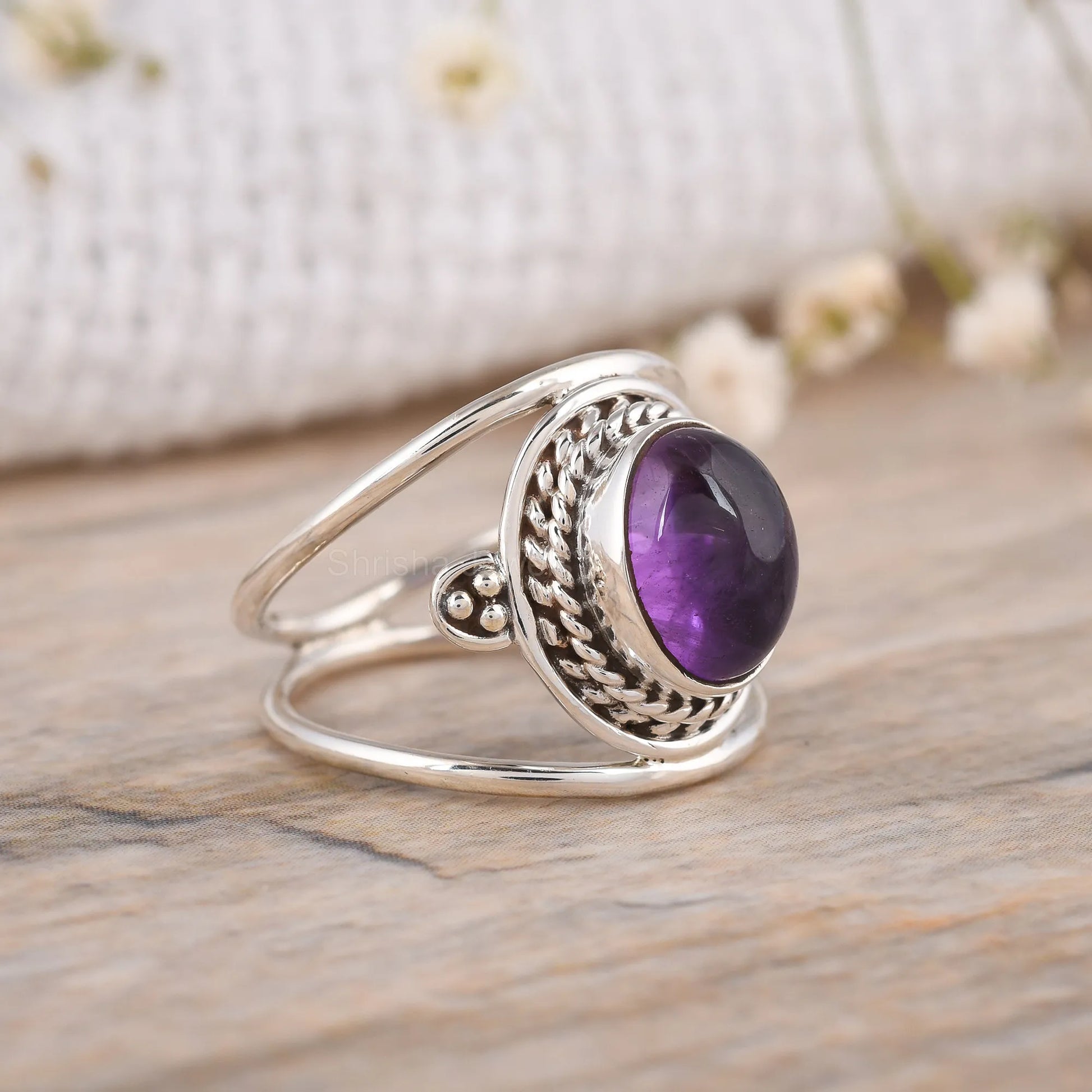 Handmade-Oval-Rose-Quartz-Statement-Ring-Two-Band-925-Sterling-silver-Design