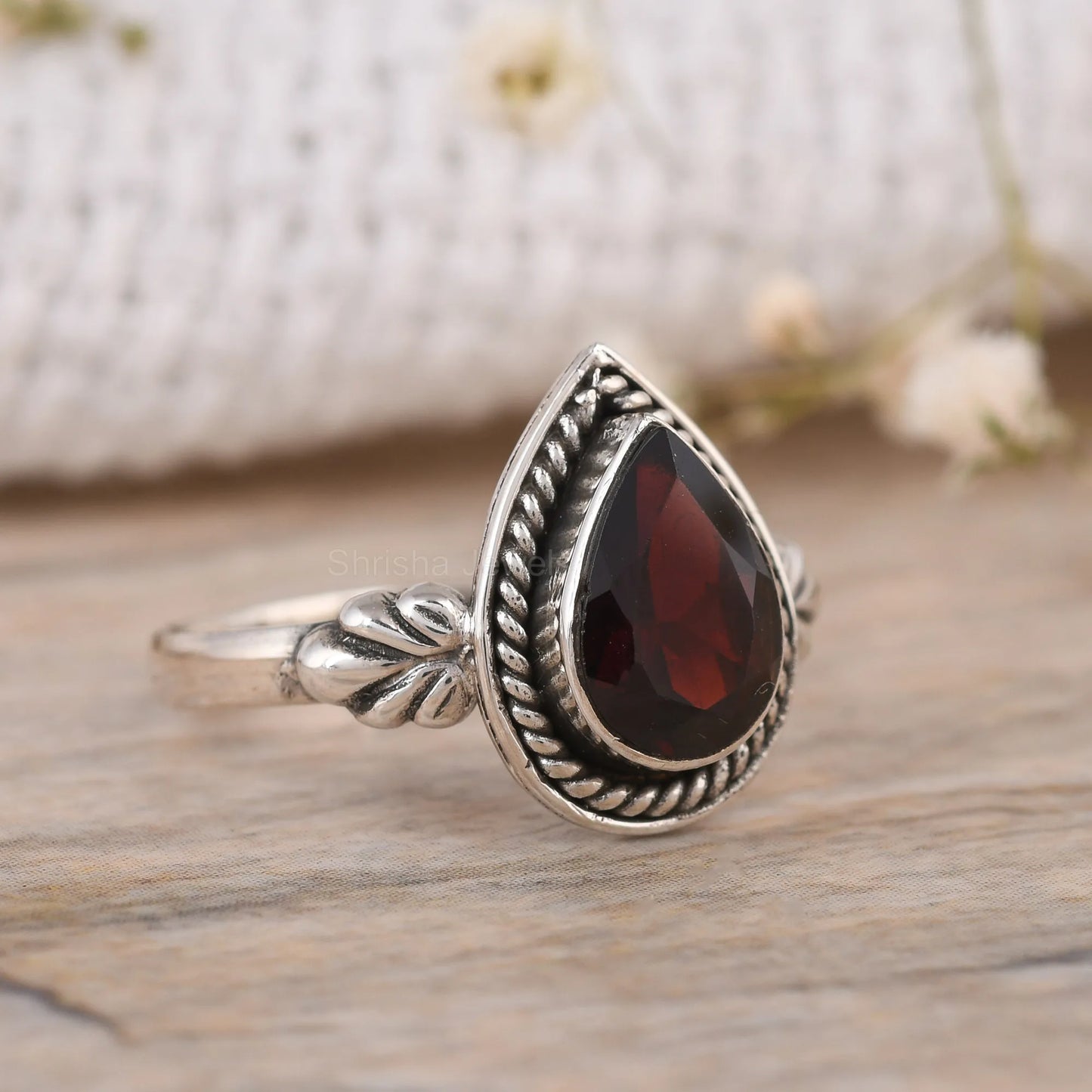 Handmade-Pear-Garnet-Ring-925-Sterling-Silver-Gemstone-Jewelry-USA