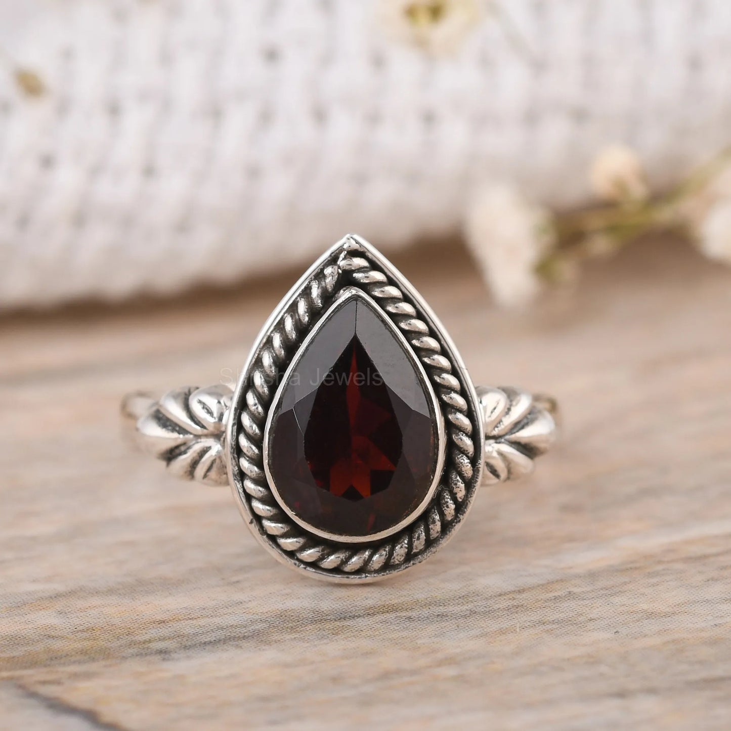 Handmade-Pear-Garnet-Ring-925-Sterling-Silver-Gemstone-Jewelry-USA