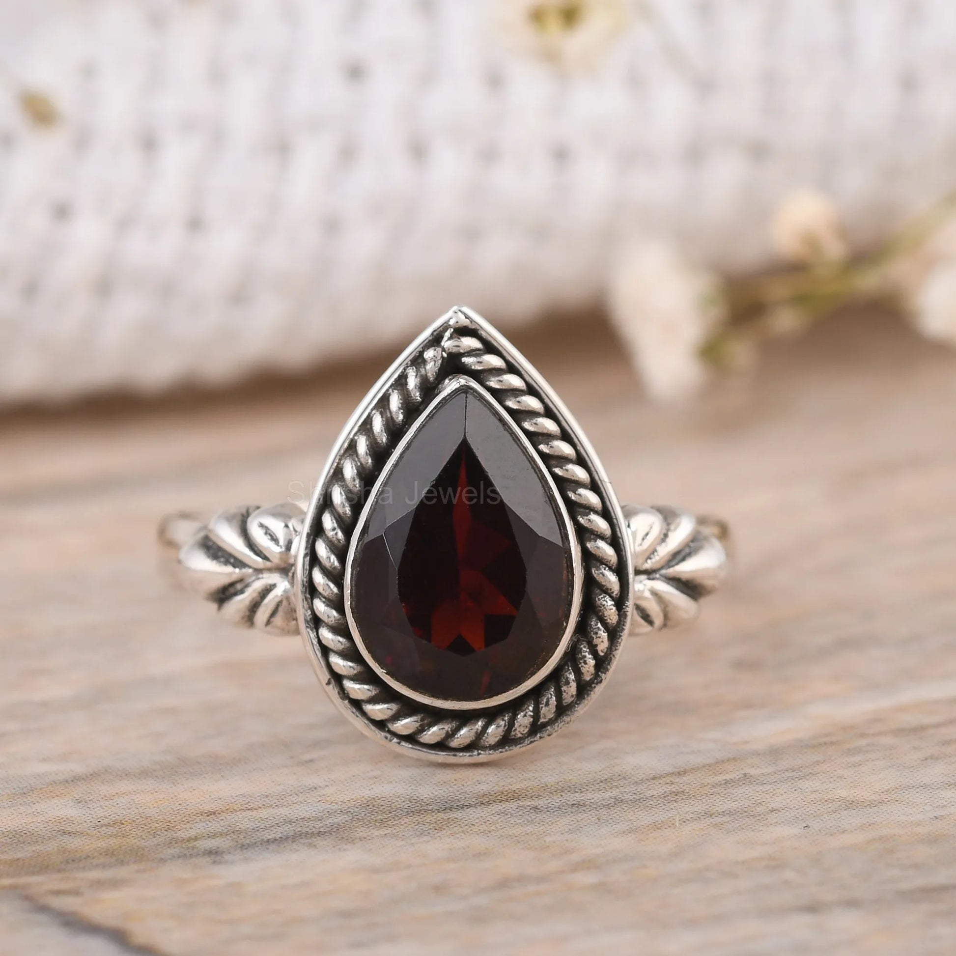 Handmade-Pear-Garnet-Ring-925-Sterling-Silver-Gemstone-Jewelry-USA