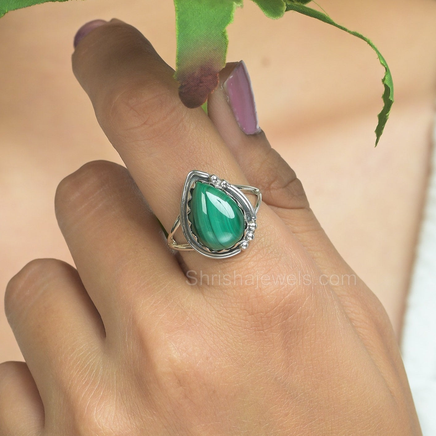 Malachite Pear Shape 925 Silver Ring - Shrisha Jewels - SJRG-10041