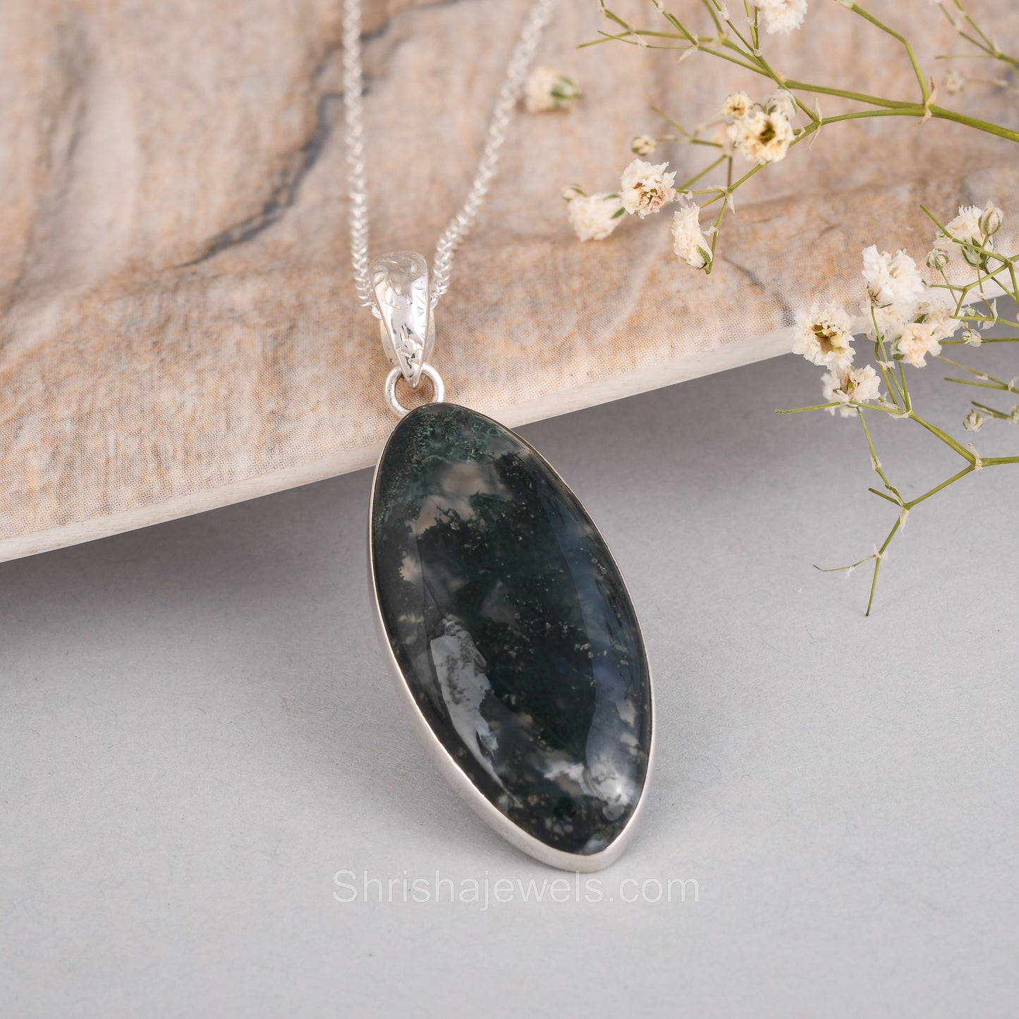 Moss Agate 925 Sterling Silver Pendant  - One of Kind Ring - Shrisha Jewels - SJPD-10031