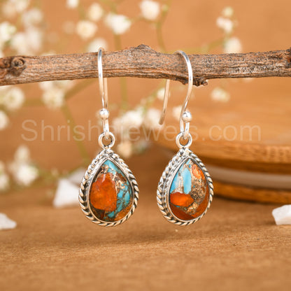 Orange Copper Turquoise 925 Sterling Silver Earrings - Shrisha Jewels - SJER-10036