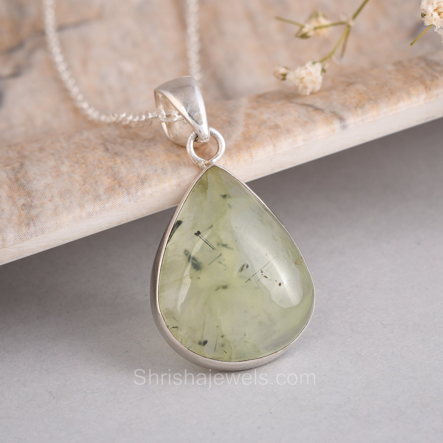 Prehnite 925 Sterling Silver Pendant  - One of Kind Ring - Shrisha Jewels - SJPD-10015