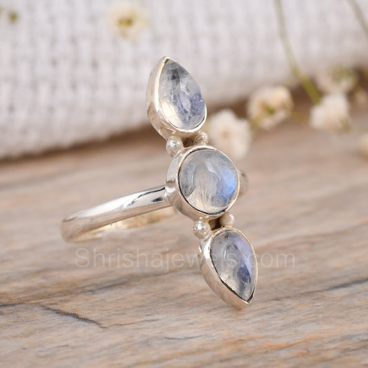 Three Rainbow Moonstone 925 Silver Ring - Shrisha Jewels - SJRG-10054