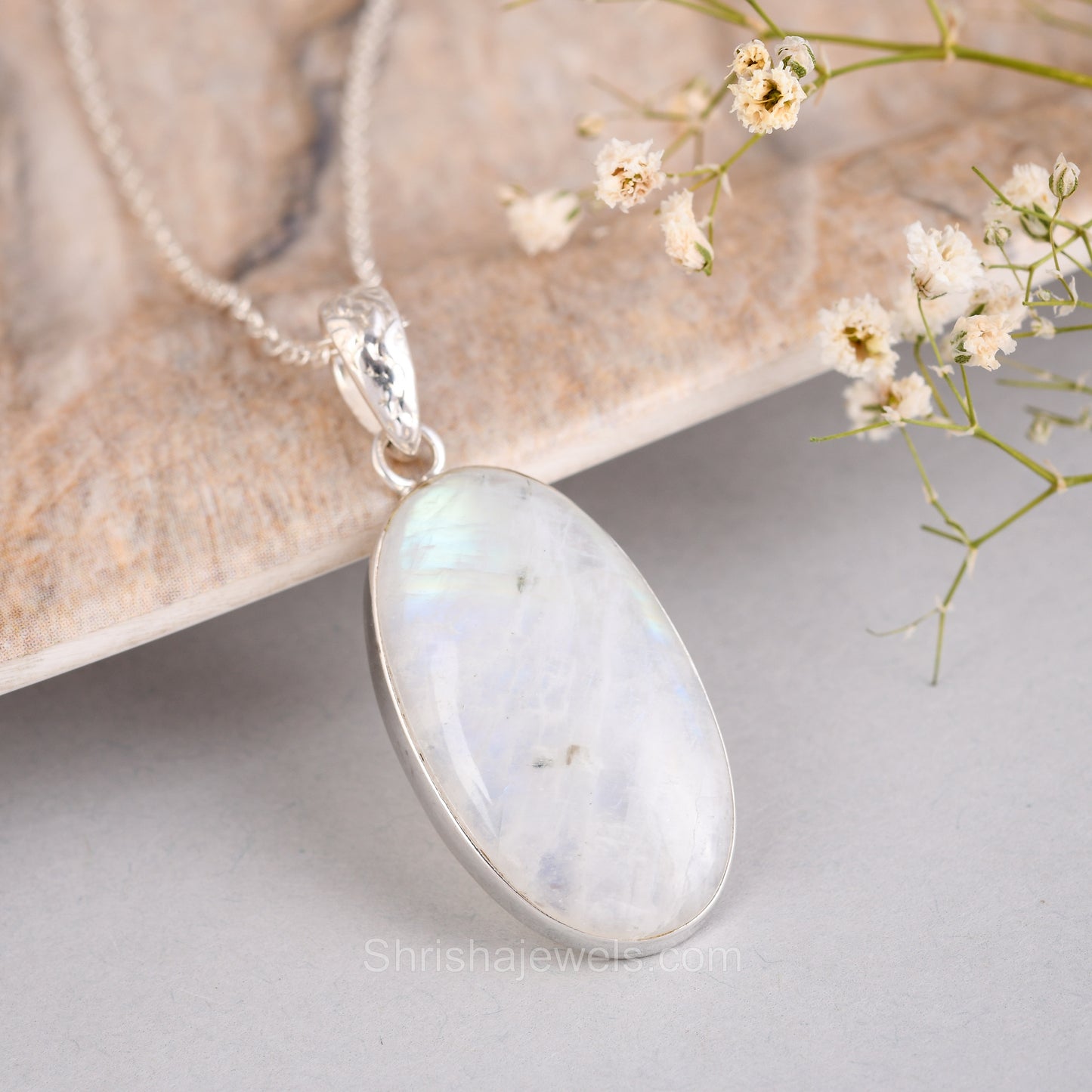 Rainbow Moonstone 925 Sterling Silver Pendant  - One of Kind Ring - Shrisha Jewels - SJPD-10017