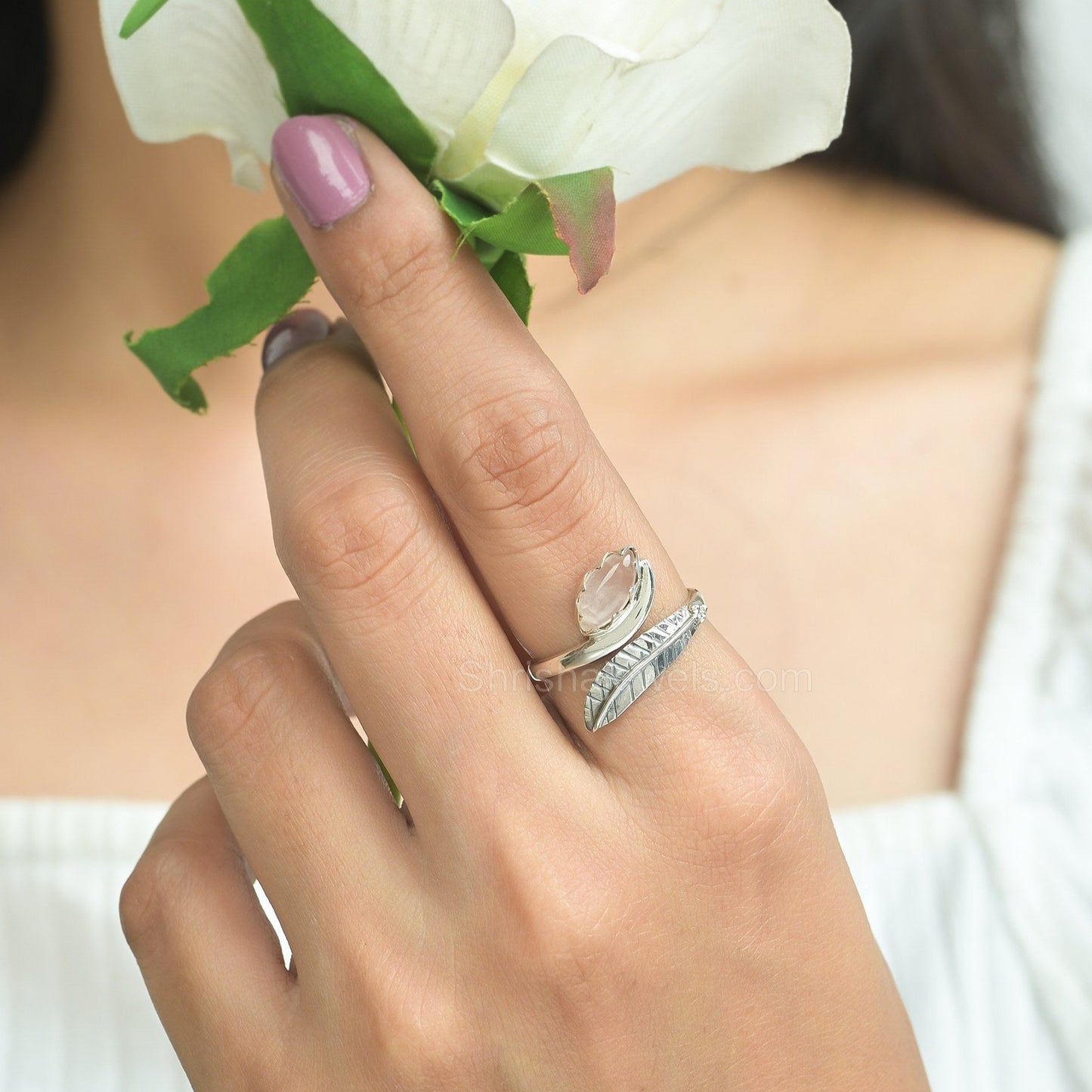 Rose Quartz 925 Sterling Silver Leaf Design Ring - Shrisha Jewels - SJRG-10021