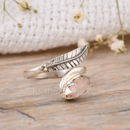 Rose Quartz 925 Sterling Silver Leaf Design Ring - Shrisha Jewels - SJRG-10021