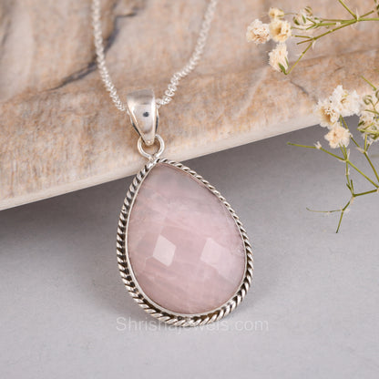 Rose Quartz 925 Sterling Silver Pendant  - One of Kind Ring - Shrisha Jewels - SJPD-10025