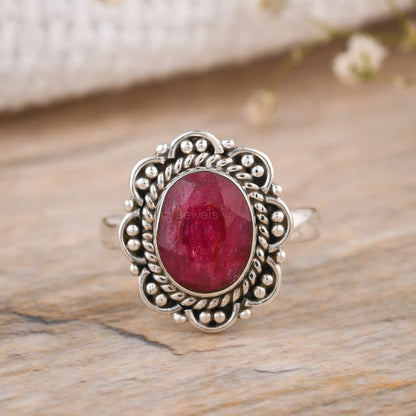 Ruby oval silver ring handmade boho style