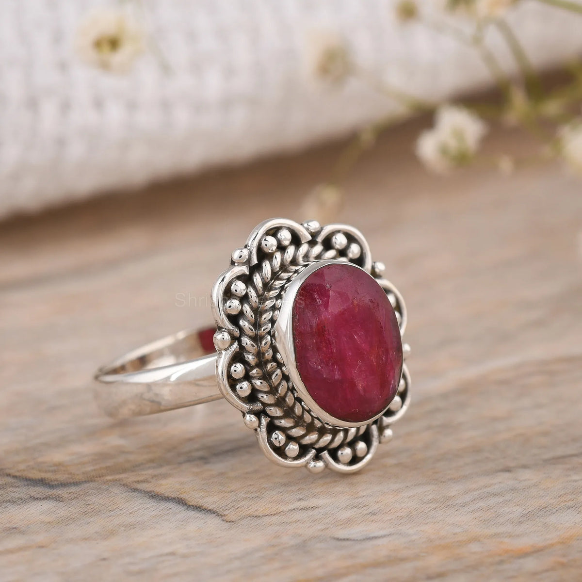 Ruby oval silver ring handmade boho style