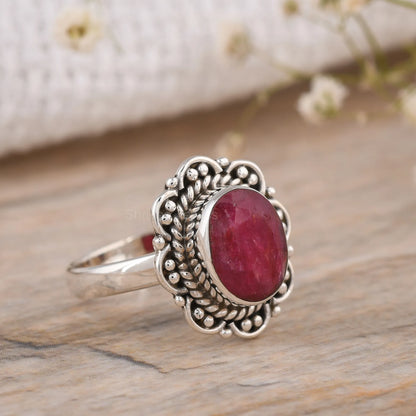 Ruby oval silver ring handmade boho style