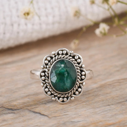 Ruby oval silver ring handmade boho style