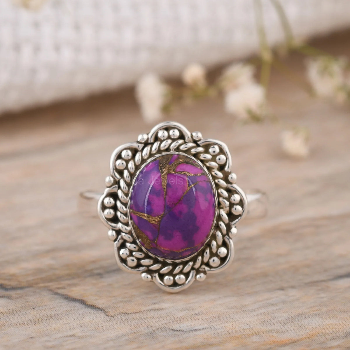 Ruby oval silver ring handmade boho style