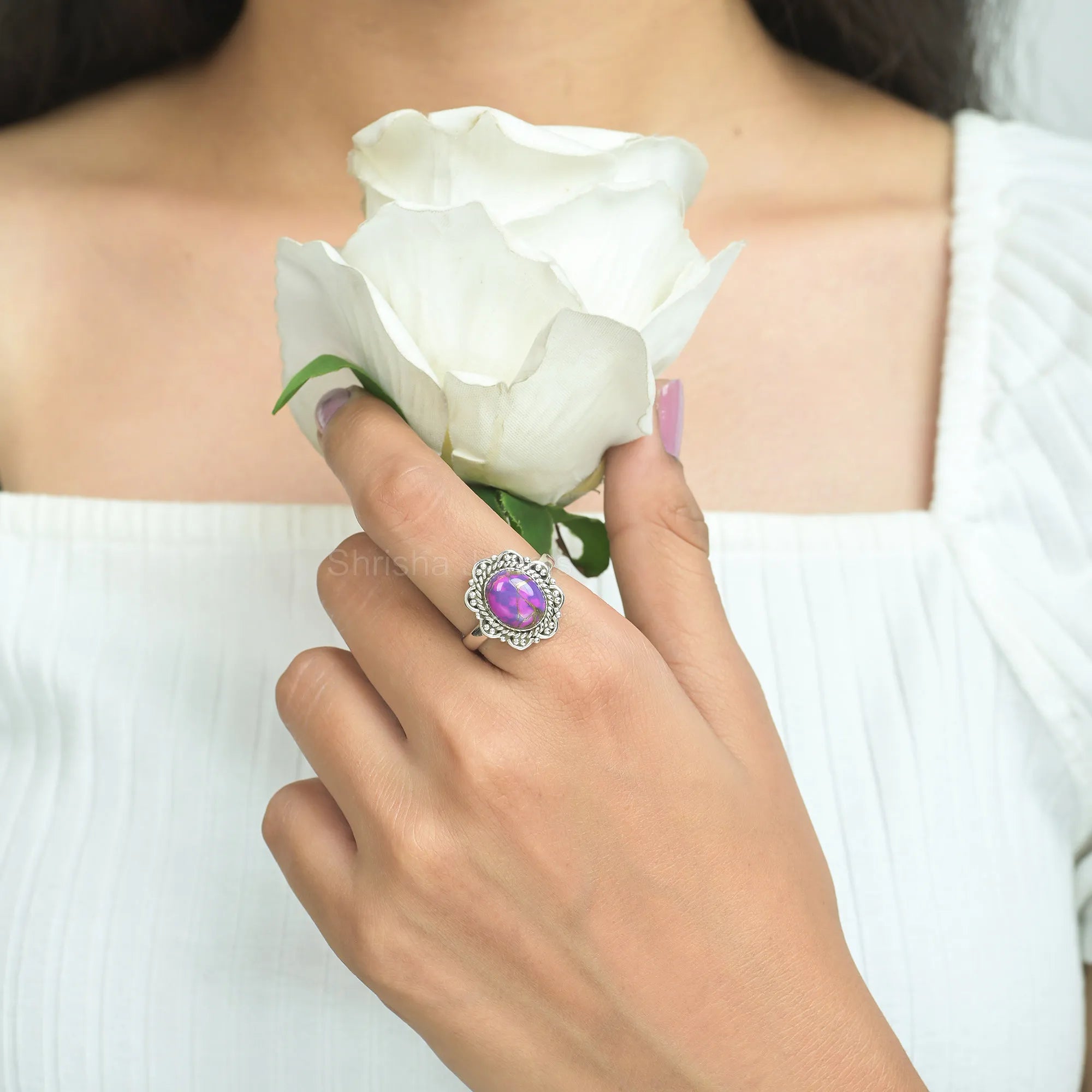 Ruby oval silver ring handmade boho style