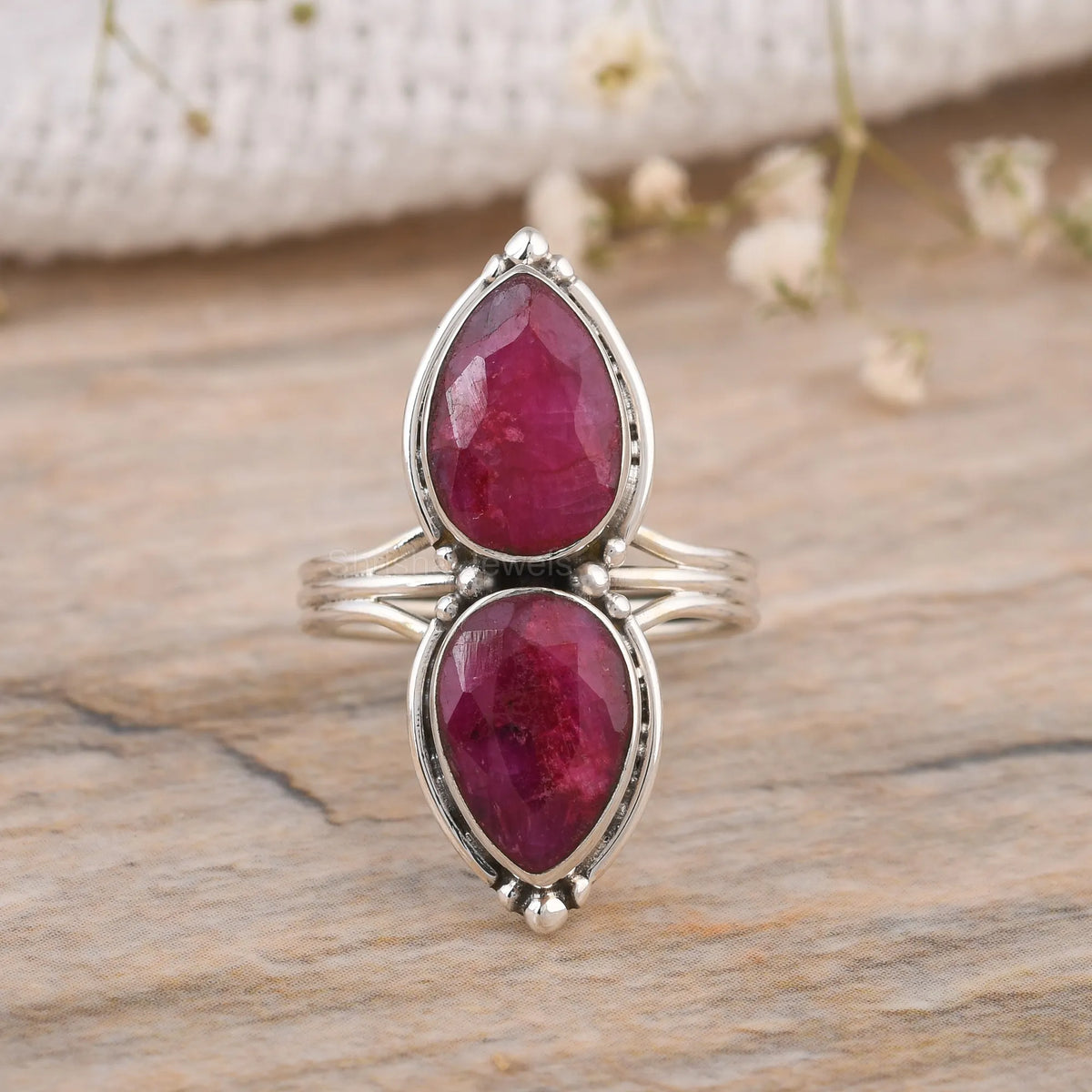 Ruby double stone sterling silver ring