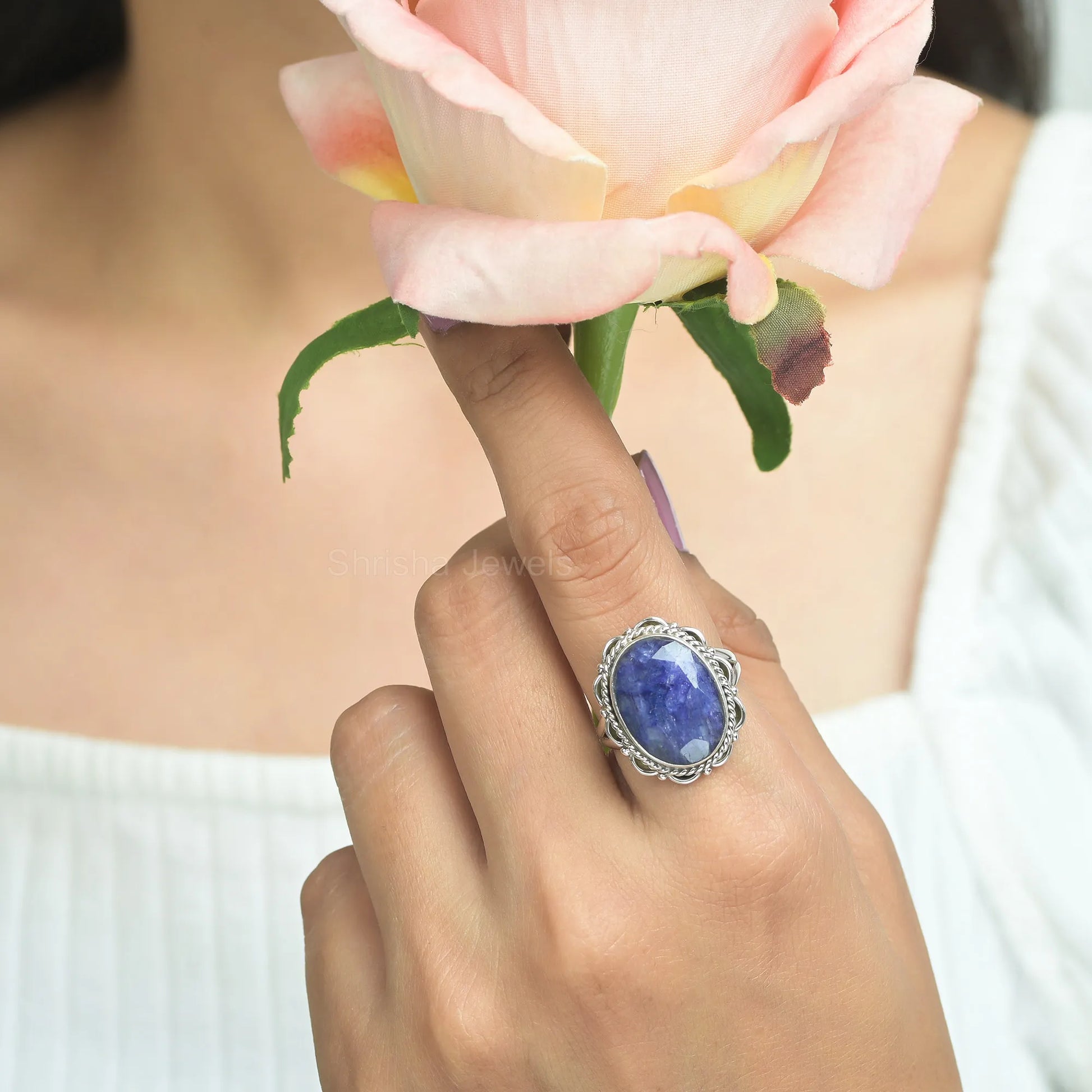 Sapphire oval shape 925 silver handmade ring