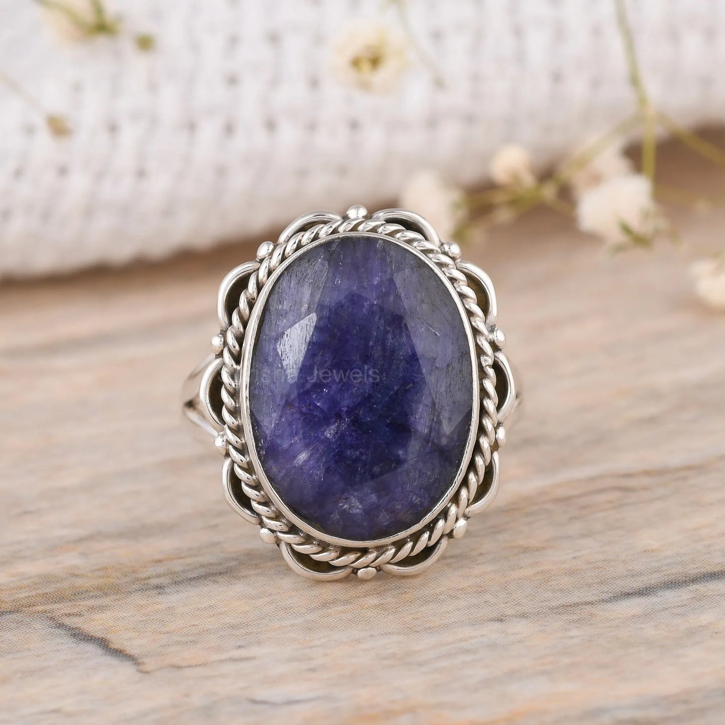 Sapphire oval shape 925 silver handmade ring