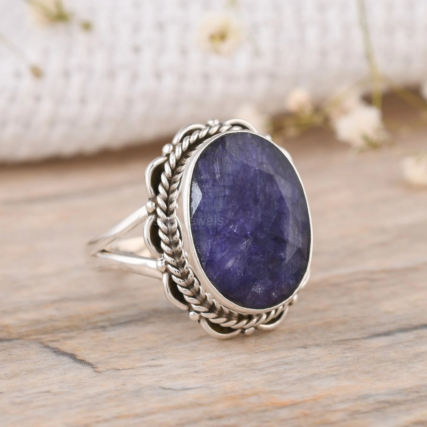Sapphire oval shape 925 silver handmade ring