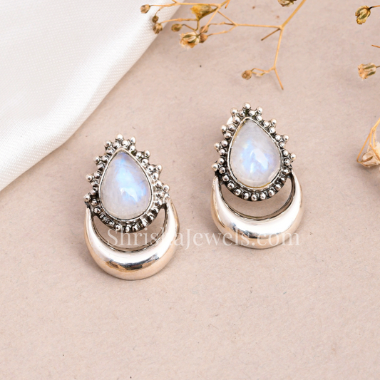 Crescent Moon Rainbow Moonstone 925 Sterling Silver Earrings - Shrisha Jewels - SJER-10057