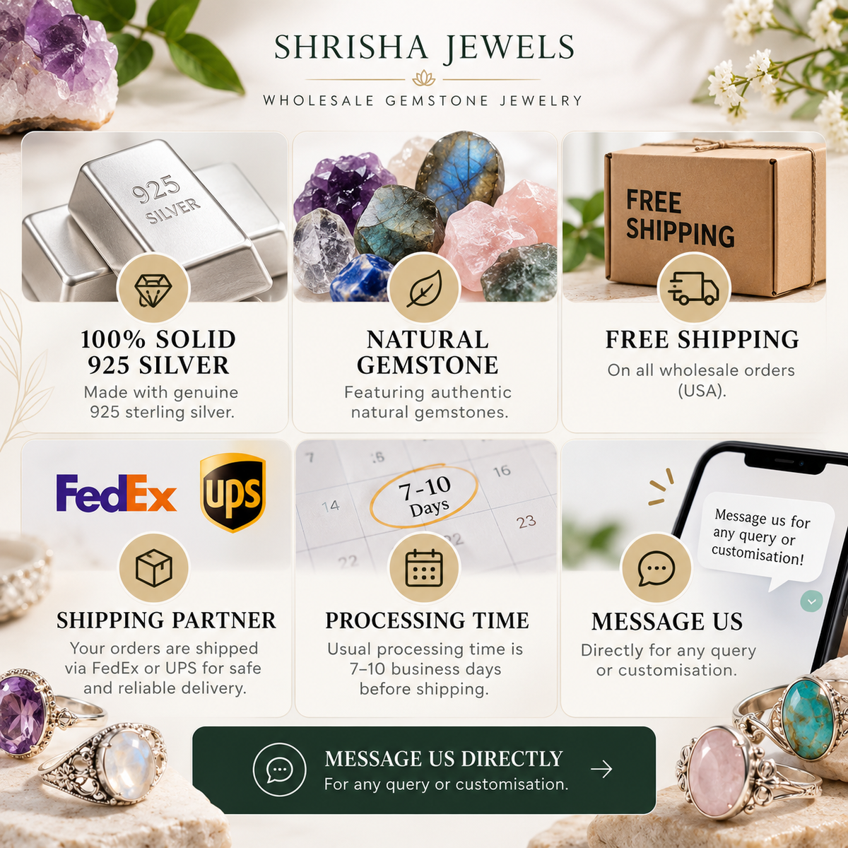 Wholesale 925 Sterling Silver Gemstone Rings Assorted Natural Stone Rings in Bulk