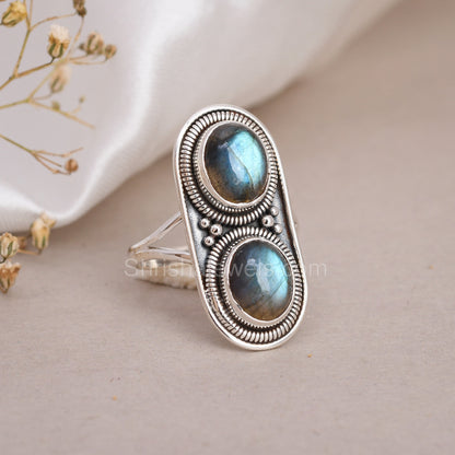 Two Labradorite 925 Silver Statement Ring - Shrisha Jewels - SJRG-10082