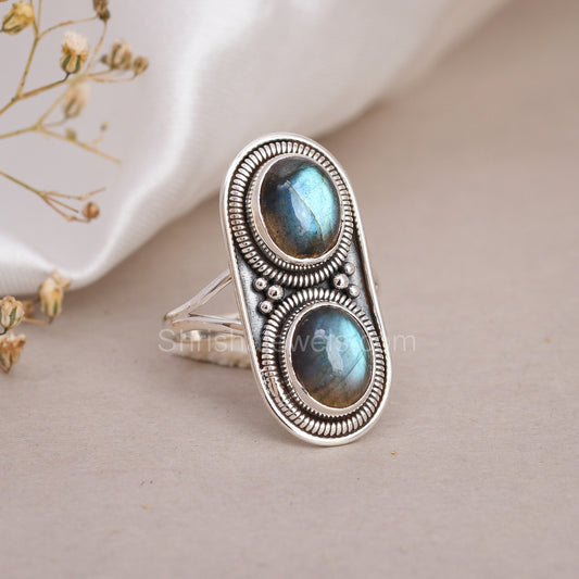 Two Labradorite 925 Silver Statement Ring - Shrisha Jewels - SJRG-10082