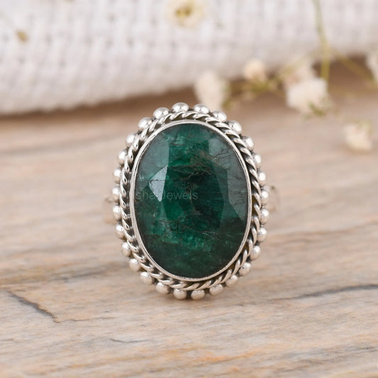 Emerald Oval Shape 925 Silver Handmade Statement Ring – May Birthstone Jewelry
