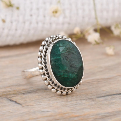 Emerald Oval Shape 925 Silver Handmade Statement Ring – May Birthstone Jewelry