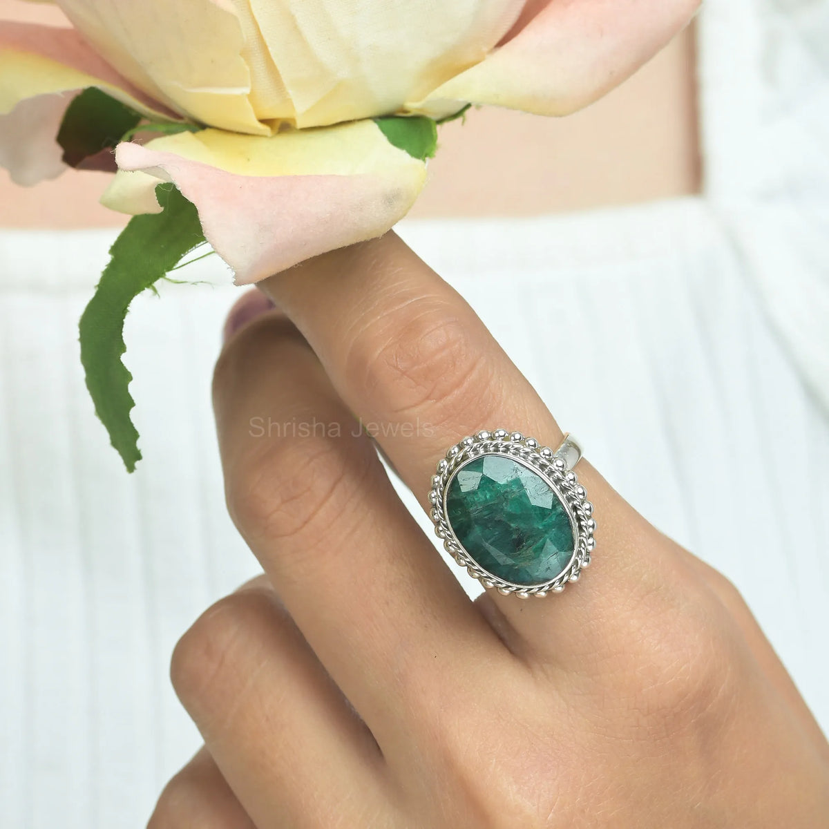 Emerald Oval Shape 925 Silver Handmade Statement Ring – May Birthstone Jewelry