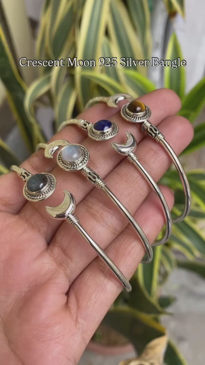 Crescent Moon 925 Silver Handmade Gemstone Bangle, Celestial Jewelry For Women