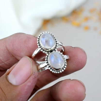 Rainbow Moonstone Gemstone 925 Sterling Silver Handmade Boho Jewelry Ring For Women