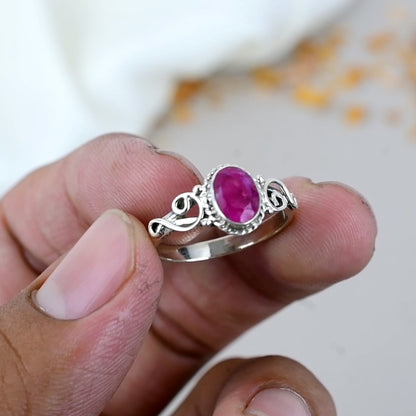 Ruby Gemstone 925 Sterling Silver Handmade Boho Jewelry Ring For Women
