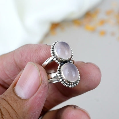 Rose Quartz Gemstone 925 Sterling Silver Handmade Boho Jewelry Ring For Women
