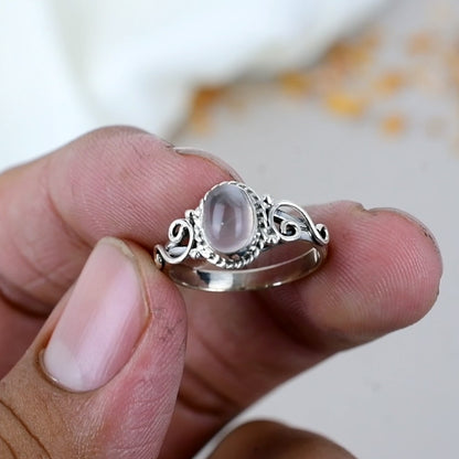 Rose Quartz Gemstone 925 Sterling Silver Handmade Boho Jewelry Ring For Women