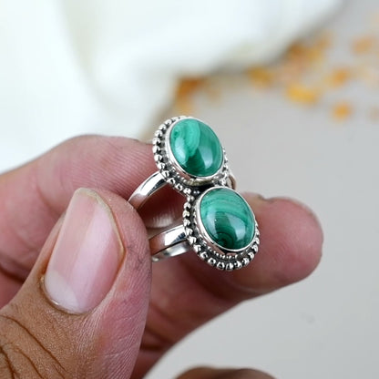 Natural Green Malachite 925 Sterling Silver Handmade Boho Jewelry Ring